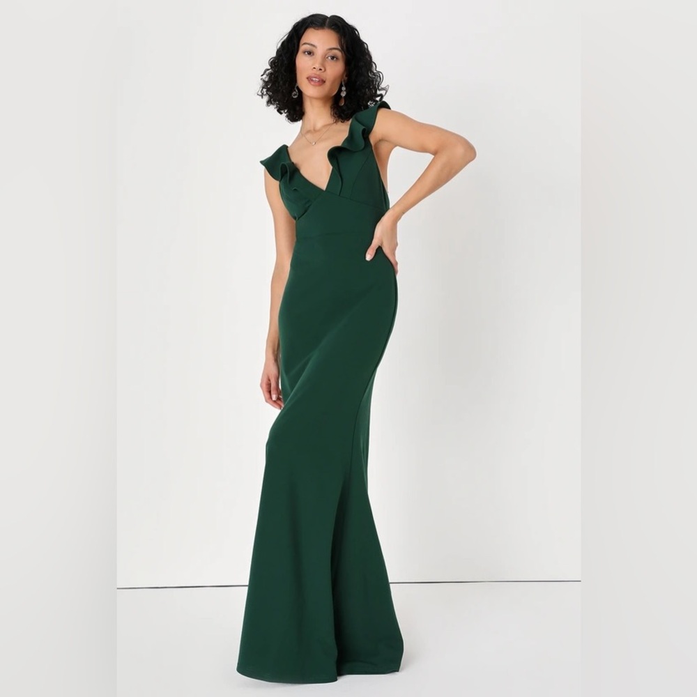 Lulus Perfect Opportunity Ruffle Gown in Dark Green (M)